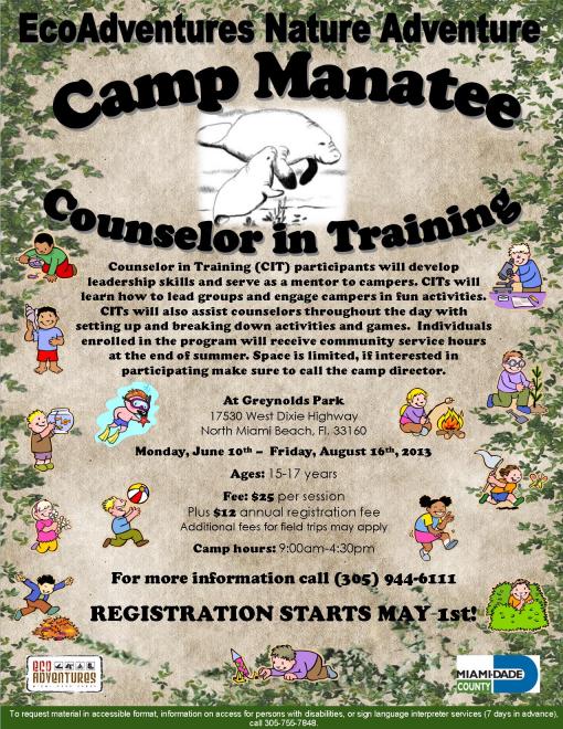 Camp Manatee CIT Summer 2013 flyer